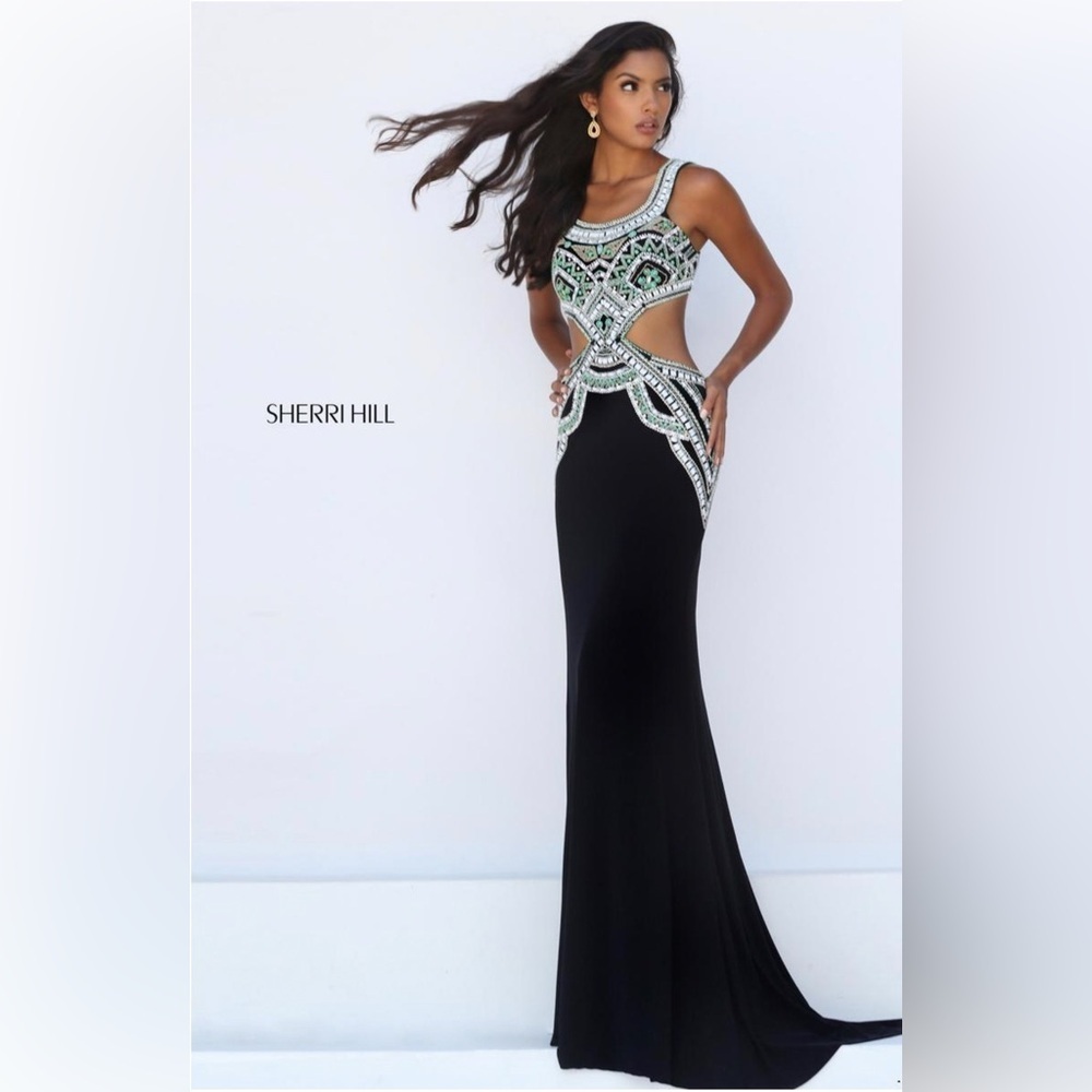 Sherri Hill 50297 Beaded Top Cutout Mermaid Formal Prom Gown Navy Blue Sz 4